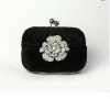 Black Crinkle Satin Hard Evening Clutch Bag with Rhinestone Brooch Pin