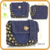 Blue cotton denim shoulder bag with a chain and denim strap