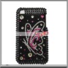 Butterfly Pattern Rhinestone Hard Plastic Black Cover For iPhone 3G