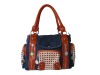 Cowboy color denim material with 3 outside pocket women shoulder bag handbags