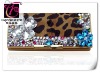 Fashion Facet Crystal Flower and Beaded Leopard Skin Look Leather Wallet