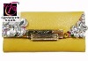 Fashion Facet Crystal Flower and Beaded Yellow Leather Wallet with Turn-lock Closure