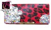 Fashion Red Leopard Skin Fur Wallet with Beads and Clear Crystal Flower