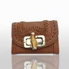 Genuine leather wallets ladies with card slot and zipper coin bamboo button