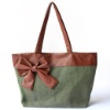 Green canvas tote bag with pu handle  bow design