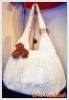 Handmade Bag/Handbag : Hobo Style : Cotton : White with 3 small Brown Roses