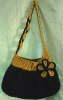 Handmade Bag/Handbag : Hobo Style : Nylon : Mix Black and Golden with Golden Leelawadee flower