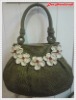 Handmade Bag/Handbag : Hobo Style : Wool : Olive Green with Beige Forget me not flower