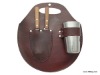 PICNIC SET WOOD PLATE, KNIFE, FORK AND STRAINLESS STEEL GLASS, SHEATH LEATHER