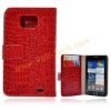 Red New Wallet Design Crocodile Grain Flip Leather Protective Case Cover For Samsung Galaxy S2 i9100