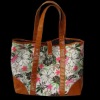 Spring flower pattern canvas tote with brown PU trim and bottom