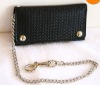 Tri Fold Black Leather Wallet with Chain Embossed Weave Design 7 In Credit Card