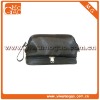 Wrist travel black leather men's toiletry cosmetic pouch with zipper