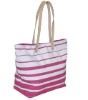 (XHF-LADY-161) Canvas Striped Tote w/ leather handle for lady