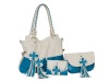 blue and white lady handbag with tassel