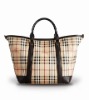 charming capable boat shaped plaid PU leather handbag