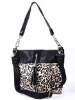 genuine black leather lady handbag with leopard skin