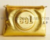 golden pu zipper clutch bag with logo embossed