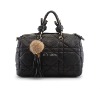 lady's black PU bag with rabbit fur pendant