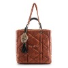 lady's brown PU bag with rabbit fur pendant