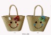 paper straw string woven beach tote bag with smile face