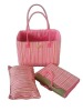 pink striped straw beach bag set