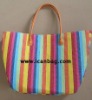 stipe paper straw bag with leather handles