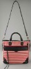 striped canvas handbag with elegant geunine leather trim