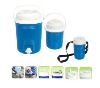 white and blue plastic cooler box water jug